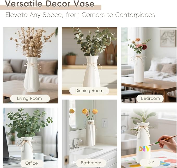 White Ceramic Vase,Modern Ceramic Vases Set of 3,White Tall Flower Vases for centerpieces,Rustic Farmhouse Boho Vase for Table Living Room Bathroom Kitchen Shelf Bedroom Office Party