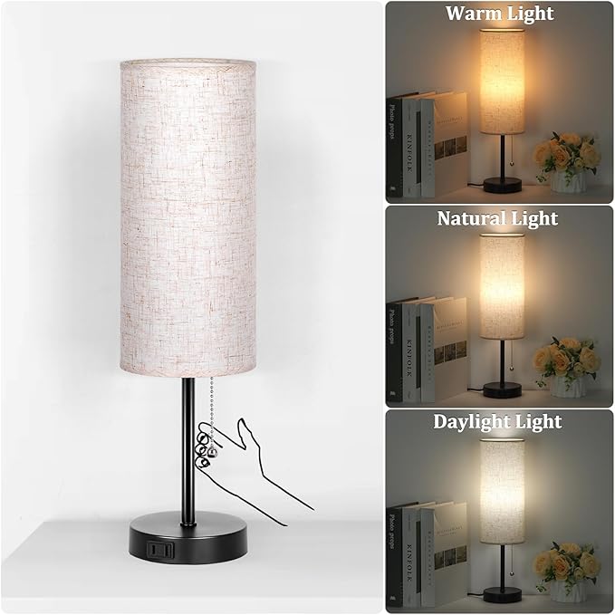 Dott Arts 18" Table Lamp for Bedroom, 3-Color Bedside Lamps with Pull Chain, Bedroom Table Lamps for Nightstand,AC Outlet Small Lamp for Living Room, Bulb Included Flax