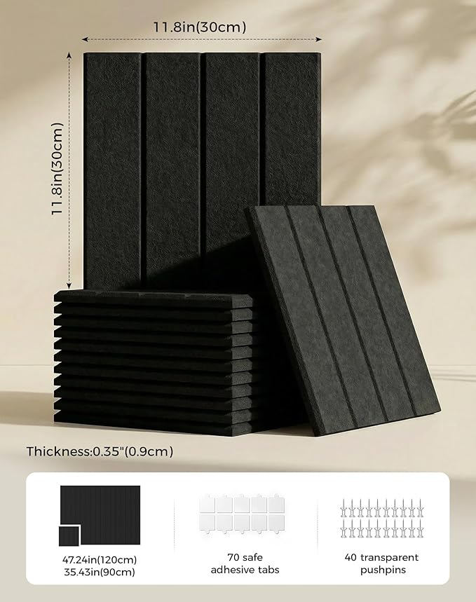 Aothia 12-Pack Felt Bulletin Board Tiles - 48x36 Modular Pin Board for Walls, 0.2" Thick Cork Board Alternative for Office & Classroom, 70 Adhesive Tabs & 40 Pushpins Included (Black)