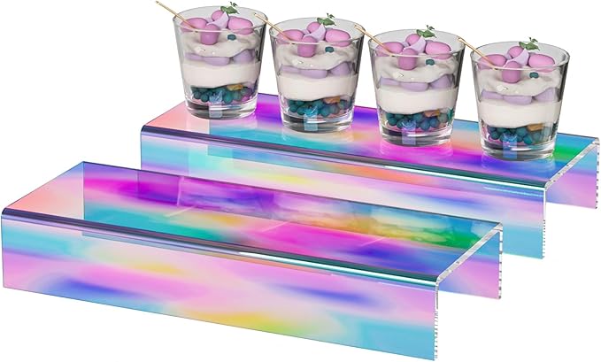 Sezanrpt Acrylic Shelf Riser 12x4.3x2 pack of 2, Iridescent Display Shelf 12” for Shoes, Glasses, Plants, Home Decors, Perfume, 12x4.3x2 Inch