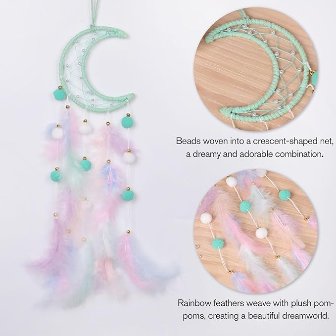 Pretty Jolly Green Moon Kids Dream Catcher Wall Decor Pompom Feather Baby Dreamcatcher Handmade Children Dream Catcher Home Décor Wall Hanging for Nursery Bedroom Boys Girls Birthday Gift-25.6in