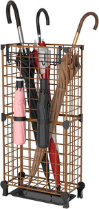 AWTATOS Umbrella Holder Entryway, Umbrella Stand Freestanding, Metal Square Umbrella Rack Organizer with a Removable Drip Tray, Hooks, Brown
