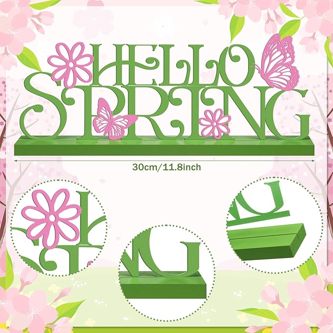 Teenyyou Holiday Word Sign with Wooden Base Home Seasonal Table Decor Metal Word Letter for Holiday Centerpiece Tabletop Desk Decorations(Hello Spring)