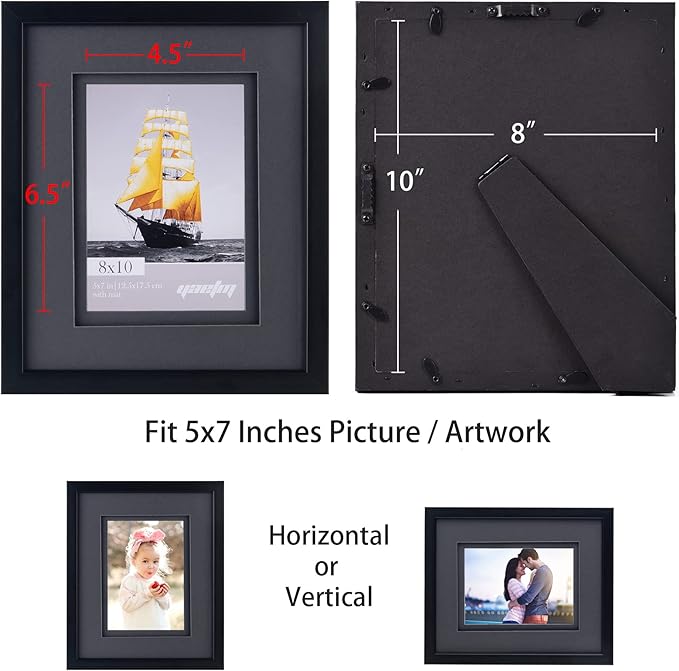 Yaetm 8x10 Double Floating Mat Picture Frame Set of 4, Display Picture 5x7 with black Double Mat, Polished High Definition Real Glass, Tabletop & Wall Mounting Photo Frames, Black