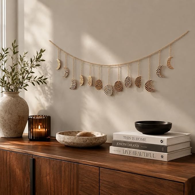 opulinea Moon Phase Garland Gold Hammered Metal - Celestial Boho Wall Hanging Decor Moon Phases Ornament for Bedroom Aesthetic Above Bed Living Room Home Decor
