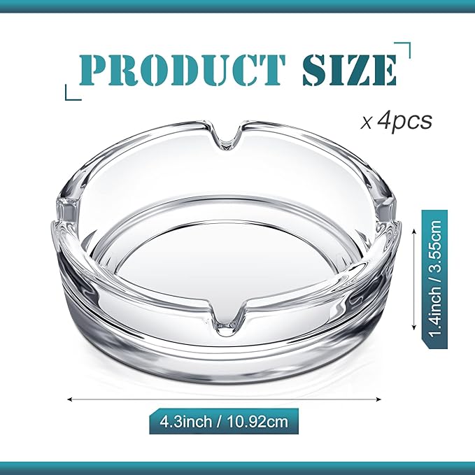 Timgle Glass Ashtray 4 Packs Round Crystal Ash Tray Clear Ashtrays for Home Portable Heavy Duty Decorative Office Patio Indoor Outdoor(Modern)