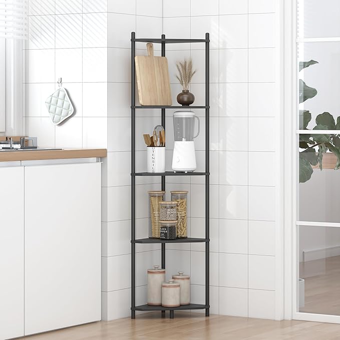 Wisuce Corner Shelf Stand - 5 Tier Black Bamboo Small Corner Bookshelf for Office Kitchen Bedroom Plant Stand Living Room Decor Small Space