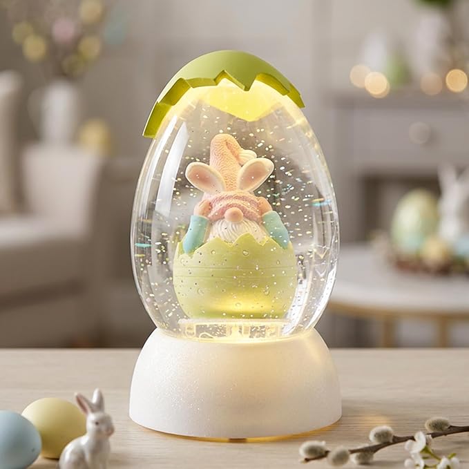 Gnome Easter Snow Globe, Easter Bunny Snow Globe Eggs Spring Decor with Swirling Glitter, 6H Timer, USB or Battery Powered, Hear No Evil Gnome Snowglobe for Tabletop Decor Gift 7.4 Inch (Green)