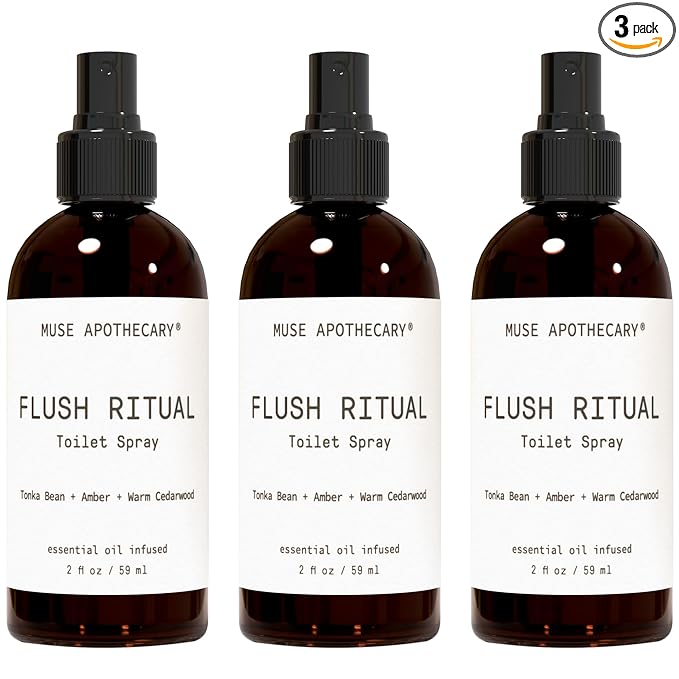 Muse Apothecary Flush Ritual - Aromatic & Refreshing Toilet Spray, Use Before You Go, 2 oz, Infused with Natural Essential Oils - Tonka Bean + Amber + Warm Cedarwood, 3 Pack