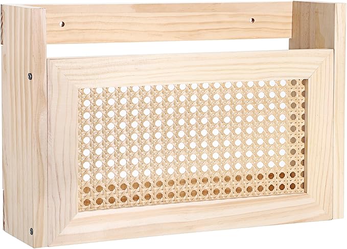 BTSKY Wooden Hanging Magazine Rack, Wall Mounted Magazine Holder Modern Rattan Hollow-out Design Mail Organizer, Assembly File Holder Letter Holder Wall Rack for Home & Office - 15x4x9.9 Inch