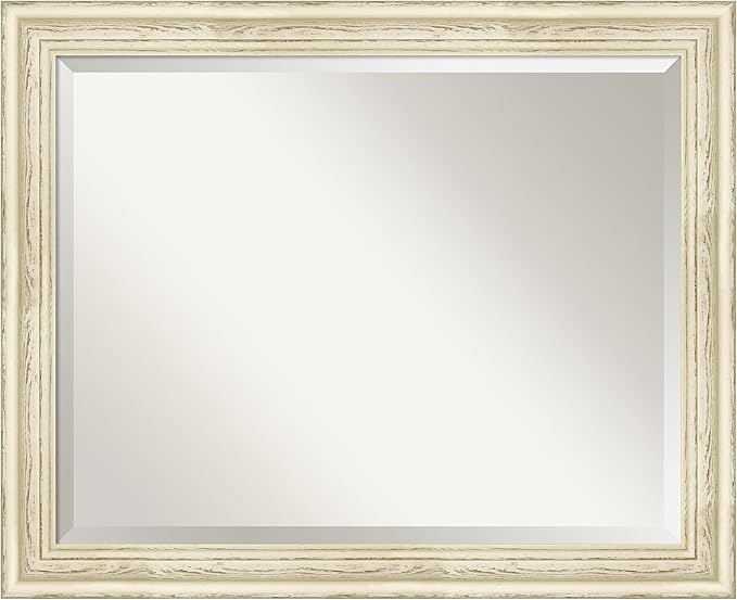 Amanti Art White Wall Mirror 26x32 Country White Wash Rectangle Bathroom Mirror for Wall Decor Living Room, Large Country Rustic Wood Frame, Hangs Horizonally and Vertically, Bathroom Decor, Beveled