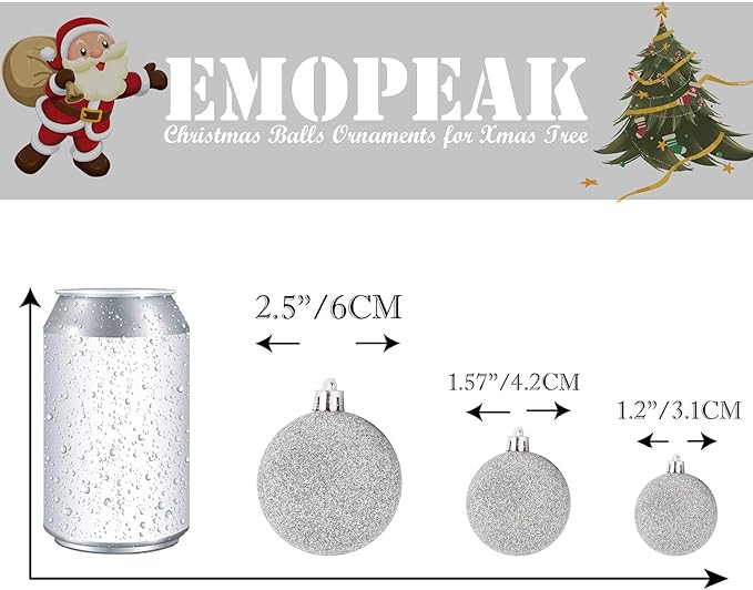 Emopeak 24Pcs Christmas Balls Ornaments for Xmas Christmas Tree - 4 Style Shatterproof Christmas Tree Decorations Hanging Ball for Holiday Wedding Party Decoration (Silver, 2.4"/6.2CM)