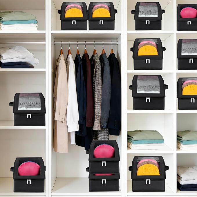 6 Pack Hat Storage for Baseball Caps-Holds Up to 56 Caps, Hat Organizer for Closet Stackable Hat Box with Cardboard, Dust-proof Beanie organizer with 2 Handles for Home Travel (Black, 6Pack-Small)