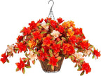 Fall Flowers with Hanging Basket Artificial for Decoration, Fake Silk Rhododendron Flowers for Outdoors, UV Resistant No Fade Floral for Home Garden Balcony Porch Patio Wedding Party Decor