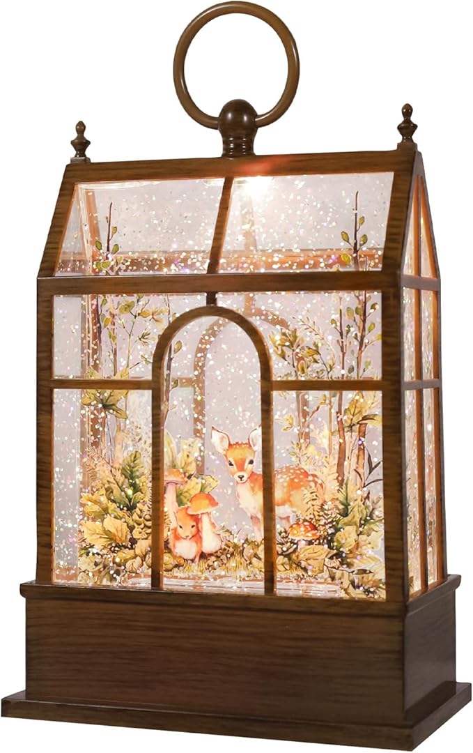 Christmas Snow Globe Lantern Greenhouse Water Glittering Globe with Little Lawn 6H Timer Function Christmas Snow Globes 3 AA Battery Operated for Christmas Festival Decorations Gifts (Greenhouse)