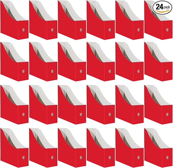 Limitliho 24 Pack Red Cardboard Magazine Holder, Sturdy Book Bins for Classroom Library, 10.6'' ×10.2'' ×3.5'' Inch Vertical File Folder Box