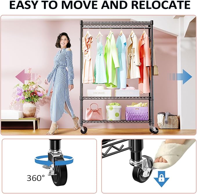 IZEUK Heavy Duty Rolling Garment Rack Wire Clothes Rack for Hanging Clothes (Black, 3 Tier with 1 Rod, 15.7" D x 45.3" W x 75.6" H)
