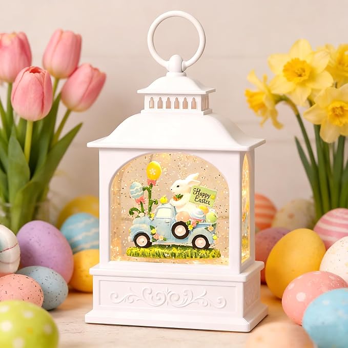 Easter Truck Snow Globe, 6H Timer Easter Snow Globe Glitter Bunny Spring Decor Easter Decorations (Bunny Truck)
