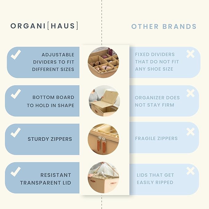 OrganiHaus Large Shoe Storage Bin for Closet, Shoe Organizer Box Fits up to 16 Pairs, Collapsible Fabric Shoe Basket w/Clear Cover, Adjustable Dividers & Reinforced Handles, Brown