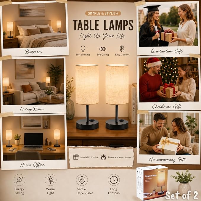 ZJOJO Table Lamp for Bedroom Set of 2, Bedside Small Lamps with 3 Way Dimmable Rocker Switch and AC Outlet, Nightstand Desk Lamp with Flaxen Fabric Shade Black Base for Living Room Home Decor Lights