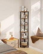 IBUYKE 6 Tier Corner Shelf Stand,Industrial Corner Display Rack,Corner Bookshelf for Living Room, Bedroom, Kitchen, Home Office, Brown WBC011H
