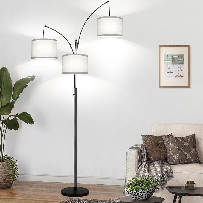 Dimmable Floor Lamp, 3 Lights Black Arc Floor Lamp, Modern Tall Standing Tree Lamp with Grey Linen Shades & Heavy Base, 3000LM LED Bulbs, Bright Lighting for Living Room, Bedroom, Office & Reading