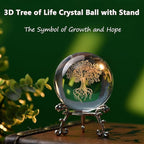 IFOLAINA 3D Tree of Life Crystal Ball with Stand Laser Engraved Glass Ball Tree of Life Decor Decorative Globes 3D Crystal Plant Sphere Gifts for Her Birthday