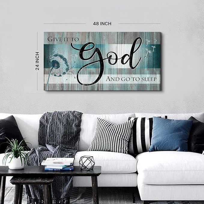 Large Christian Wall Art Bible Verses Wall Decor Give It to God and Go to Sleep Bedroom Pictures Inspirational Quote Wall Art Turquoise Teal Scripture Artwork for Living Room Home Decoration 24x48"