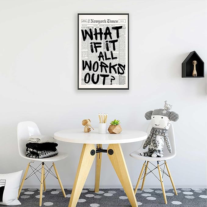 Retro Black And White Newspaper Poster What If It All Works Out Canvas Wall Art Positive Affirming Quote Minimalist Prints Painting For Home Bedroom Dorm Wall Decor 12x18in Framed