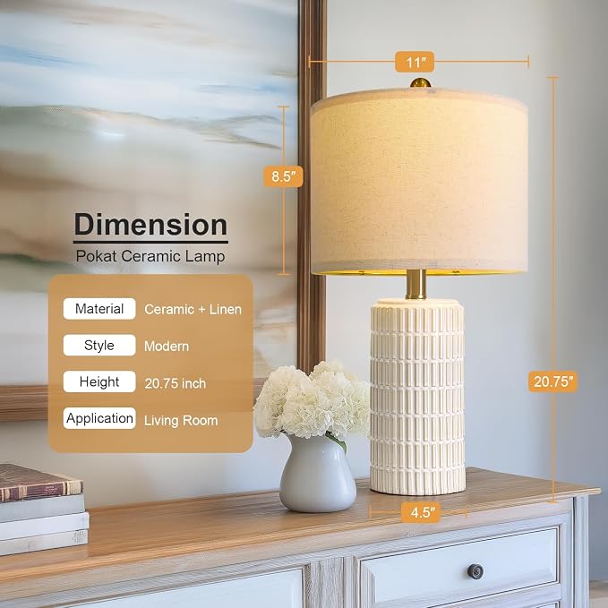 PoKat 20.75" Small Modern Ceramic Table Lamps Set of 2 for Bedroom, White Bedside Lamps for Night Stands, Farmhouse Desk Home Decor Gift Nightstand Table Lamps for Living Room End Table Beige