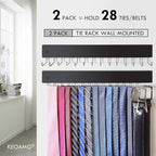 2Pack Tie Rack Wall Mounted, Wooden Belt Hanger Tie Organizer for Closet with 28 Folding Hooks, Space Saving Tie Holder and Belt Rack for Closet Wall Mount, Black