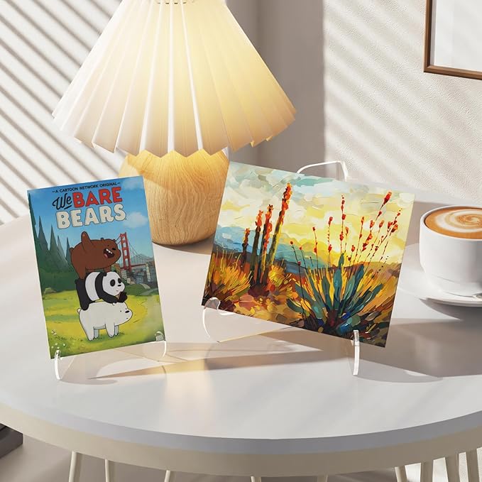 Dooiclear 5 Pack Acrylic Display Stand, Plate Stand for Display, Clear Easel Stand, Display Holder for Card, Frame, Picture, Magazine, Book, CD, Phone (Large/ 4.5 Inch)