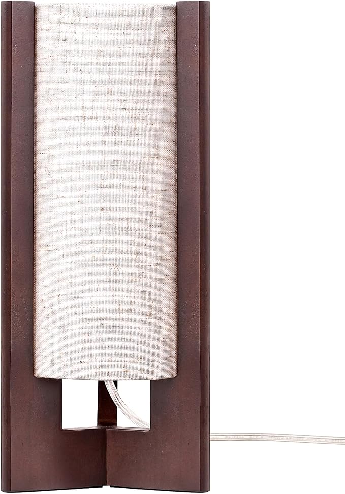EDISHINE Wood Table Lamp, 13.5" Small Bedside Lamp, Beige Linen Shade, Rosewood Cylinder Nightstand Lamp for Bedroom Living Room, On-Off Line Switch, E26 Base (Bulb Not Included)