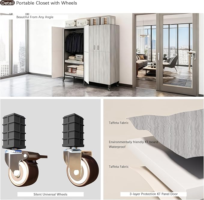 Heavy Duty Portable Closet with Cover Magnetic Doors, Metal Rolling Clothes Rack Heavy Duty 1500LBS, Foldable Clothing Rack, Garment Racks for Bedroom/ LivingRoom/ Rental (KT Woodgrain Gray, 74.8in)