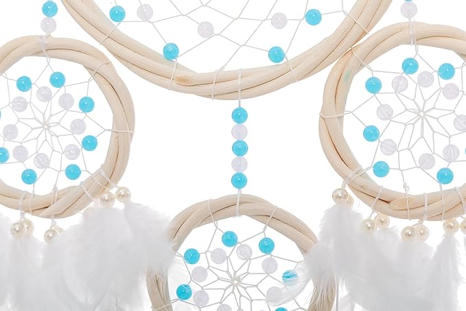 Large Rattan Dream Catchers - Light Blue Rooster Feather with Luxury Pearl, Multiring, Handmade Dreamcatcher for Bedroom, Dream Catcher for Girls, Dream Catchers for Boys, Dream Catcher Wall Decor