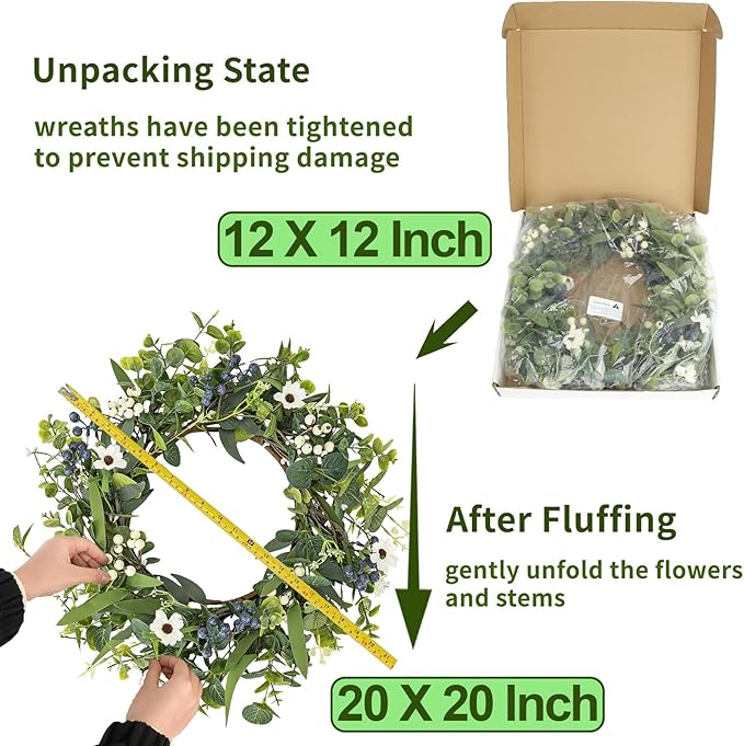 LZNPA 20 Inch Spring Summer Easter Wreaths for Front Door Eucalyptus Wreath with Blue Berries Elegant Durable Greenery Front Door Wreath for Outside Wedding Farmhouse Porch Wall Room Home Decor