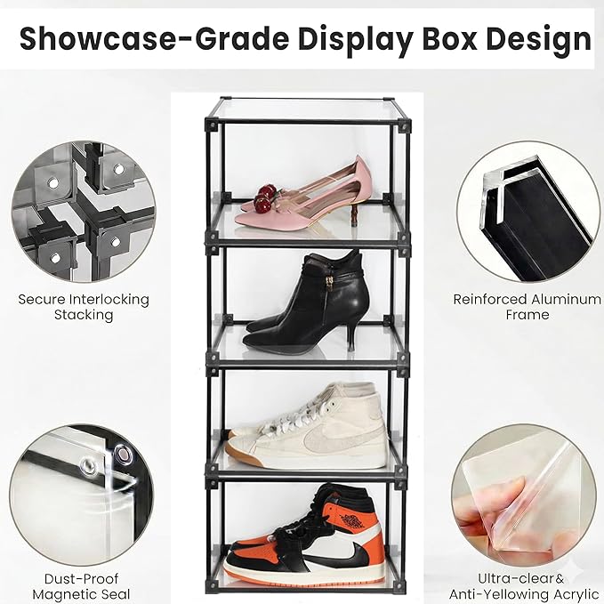 Magnetic Side Open Transparent Plastic Storage Shoe Box Clear Shoe Display Case Sneaker Shoe Storage Box Display Box Shoe Container Clear Closet Shelf Shoe Organizer (Black 4PC)