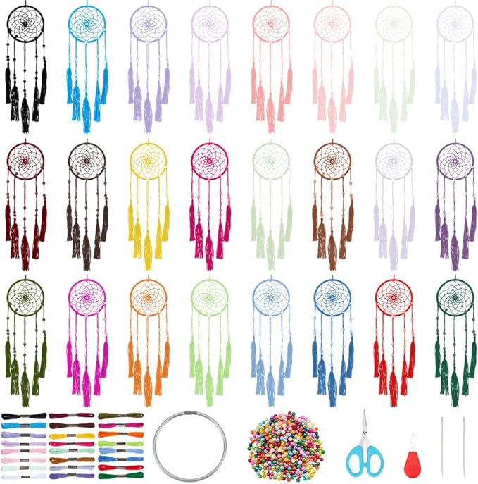 INFUNLY 24 Set DIY Dream Catcher Set Rainbow Colors Round Mini Dream Catcher Kit 2.8 Inch Handmade Dreamcatcher with Instructions Boho Hanging Ornament Making Kit for Bedroom Car Mirror Keychain Bag