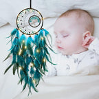 KHOYIME LED Dream Catcher Light Up Tree of Life Dreamcatcher with Healing Crystal Stone Handmade Feather Wall Hanging for Bedroom Bohemian Home Decor Wedding Ornament Craft Gift (Blue&Green)