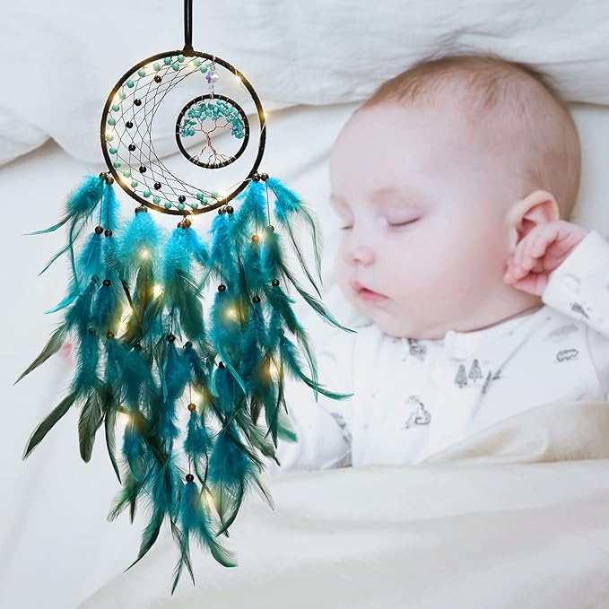 KHOYIME LED Dream Catcher Light Up Tree of Life Dreamcatcher with Healing Crystal Stone Handmade Feather Wall Hanging for Bedroom Bohemian Home Decor Wedding Ornament Craft Gift (Blue&Green)