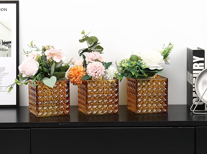 Square Vases Set of 6, 5" x 5" x 5" Square Glass Vases for Flowers, Amber Flower Vase for Centerpieces, Small Bubble Vase for Wedding, Party, Home, Office, Parties, Events