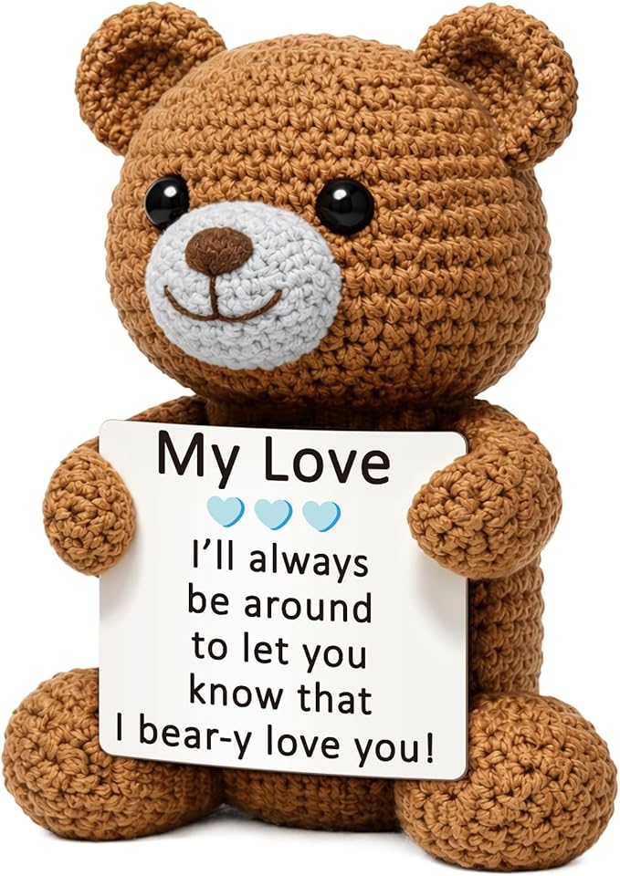 WELLBANEE My Love Gifts for Him Her, Positive Crochet Bear Gift for Husband Wife Boyfriend Girlfriend, Romantic Birthday, Handmade Emotional Bear