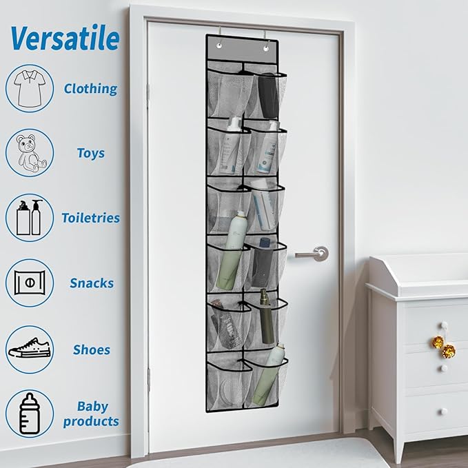 MSLOVE Narrow Over The Door Shoe Organizer, 12 Large Mesh Pockets Hanging Shoe Organizer for Closet Organizers and Storage, Grey, 2 Pack