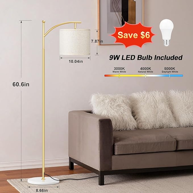 Ambimall 60" Floor Lamp for Living Room with 3 Color Temperatures, Gold Standing Lamp with White Marble Base, Modern Tall Lamp for Bedroom Office, 9W LED Bulb Included