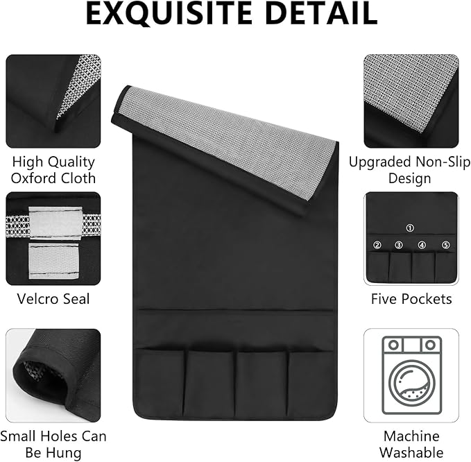 Non-slip Couch Organizer Armchair Caddy, Oxford TV Remote Control Holder Bedside Caddy with 5 Pockets for Key Glasses Phone Magazine Holders.