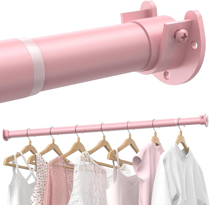 Closet Rods for Hanging Clothes, 17 to 28 Inches Stepless Adjustable Metal Closet Rod, 1.3 Inches Heavy Duty Clothes Hanging Rod for Closet Wardrobes Laundry RV, Pink