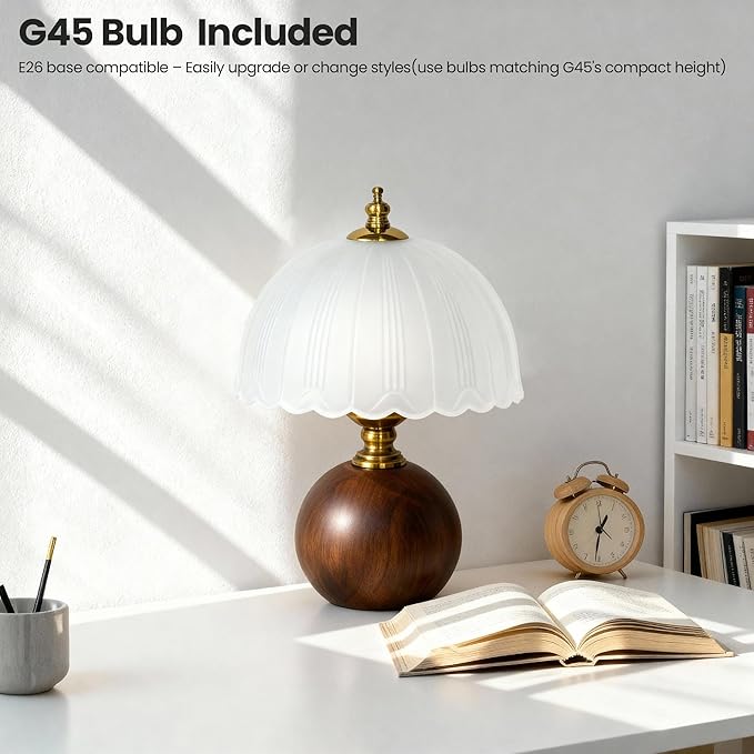 11.8“ Decorative Wooden Table Lamp with Frosted Glass Shade, Dimmable Bedside Nightstand Lamp with E26 Socket & 6ft Cord, Small Accent Lamp for Bedroom & Living Room (White)