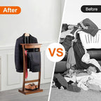 Wooden Suit Valet Stand for Men, Clothes Valet with Drawer, Shoe Rack, Tie Rack and Trouser Bar, Freestanding Clothes Organizer for Bedroom Entryway