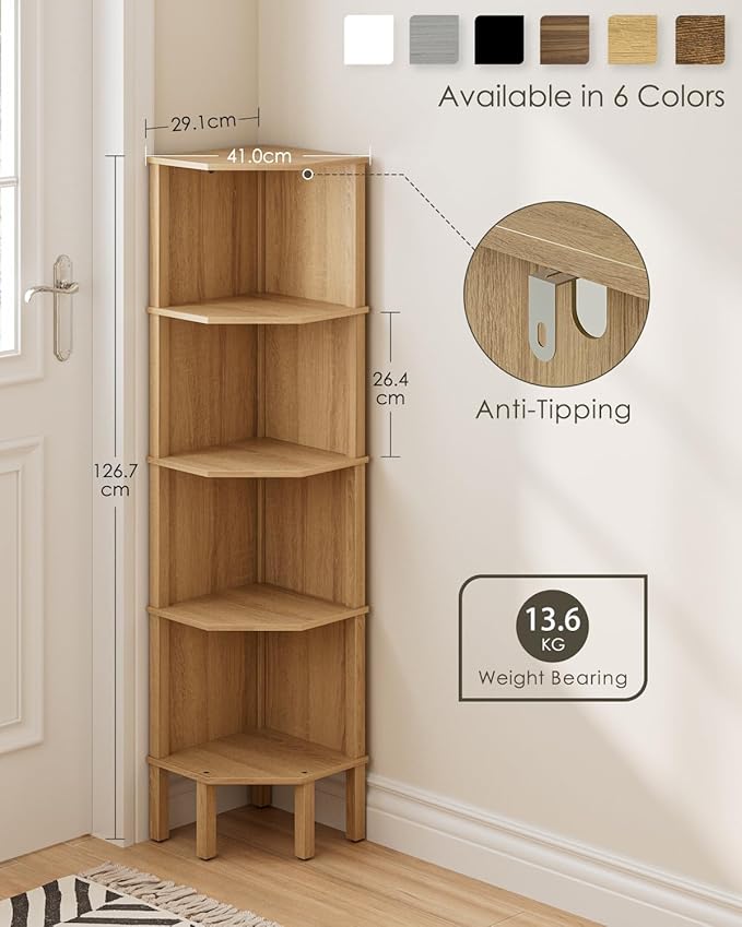 Corner Shelf, 5 Tier Corner Bookshelf, Display Corner Shelf Stand with Storage Rack, Wall Corner Bookshelf for Living Room, Bedroom, Office, Oak