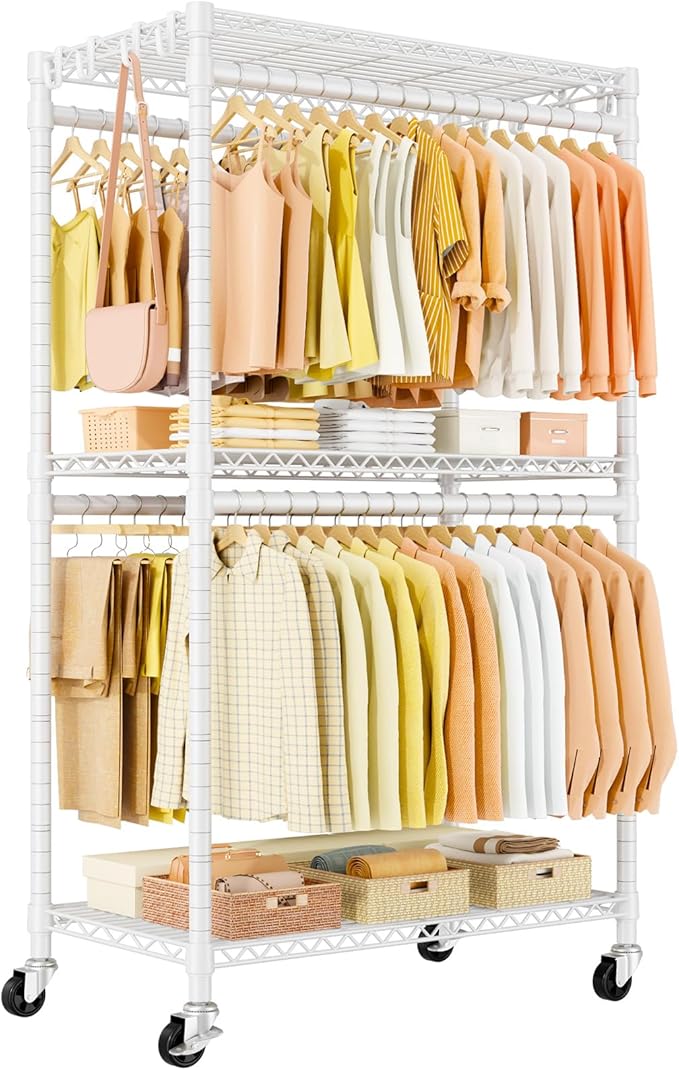 P5 Rolling Clothes Rack Heavy Duty, Clothing Racks for Hanging Clothes, Metal Garment Rack with Wheels, 3-Tier Portable Closet Rack 39.4'' W × 20.5'' D × 80.5'' H, Max Load 650 Lbs, White